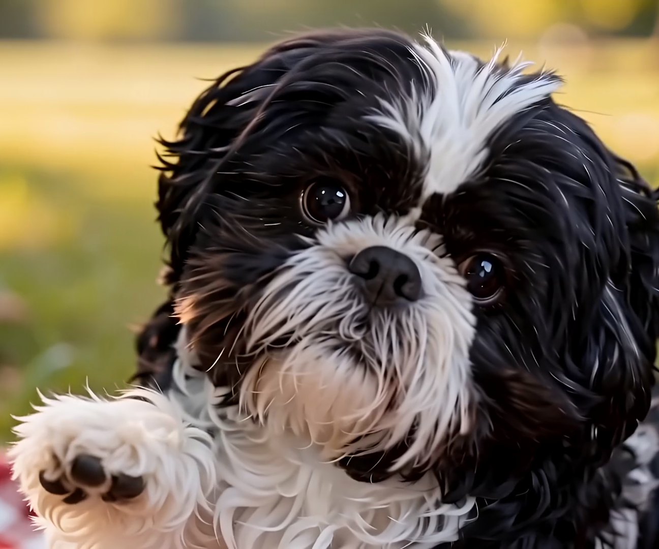 Chase The Dog, a fluffy black and white pup, raising one paw on a picnic blanket