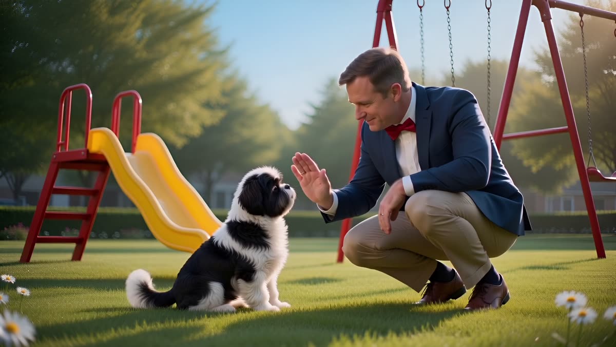 Chase The Dog giving a paw-up high five in the park
