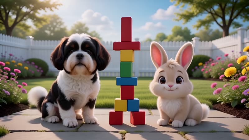 Chase The Dog and Bella the bunny with a tower of blocks